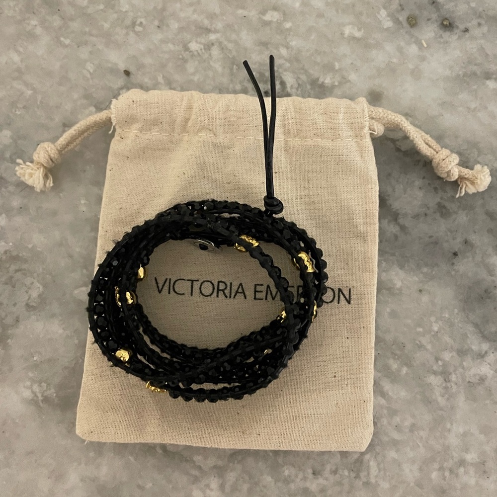 Victoria Emerson Jet Hematite and Gold Skulls on Black Wrap Bracelet